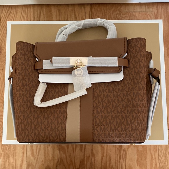 NWT-MICHAEL MICHAEL KORS Hamilton Legacy Large Logo Stripe Belted Satchel - Picture 15 of 15